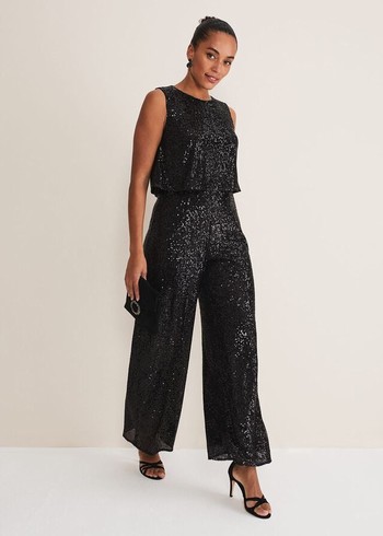 Phase Eight Aubrey Sequin Wide Leg Jumpsuit Black Canada | INORZM-468